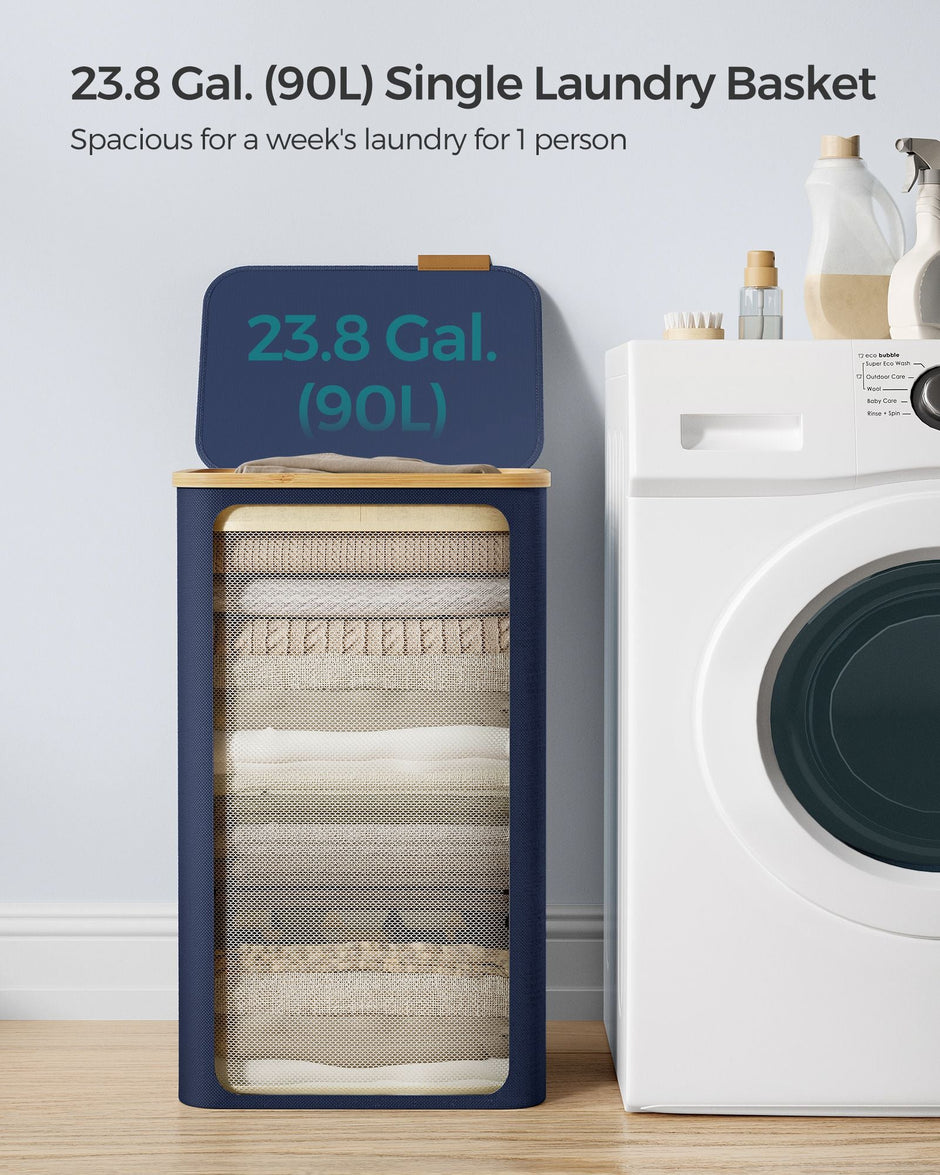 Laundry Basket – Oxford Fabric – Charcoal Blue – Slim, Collapsible with Lid and Removable Mesh Liner