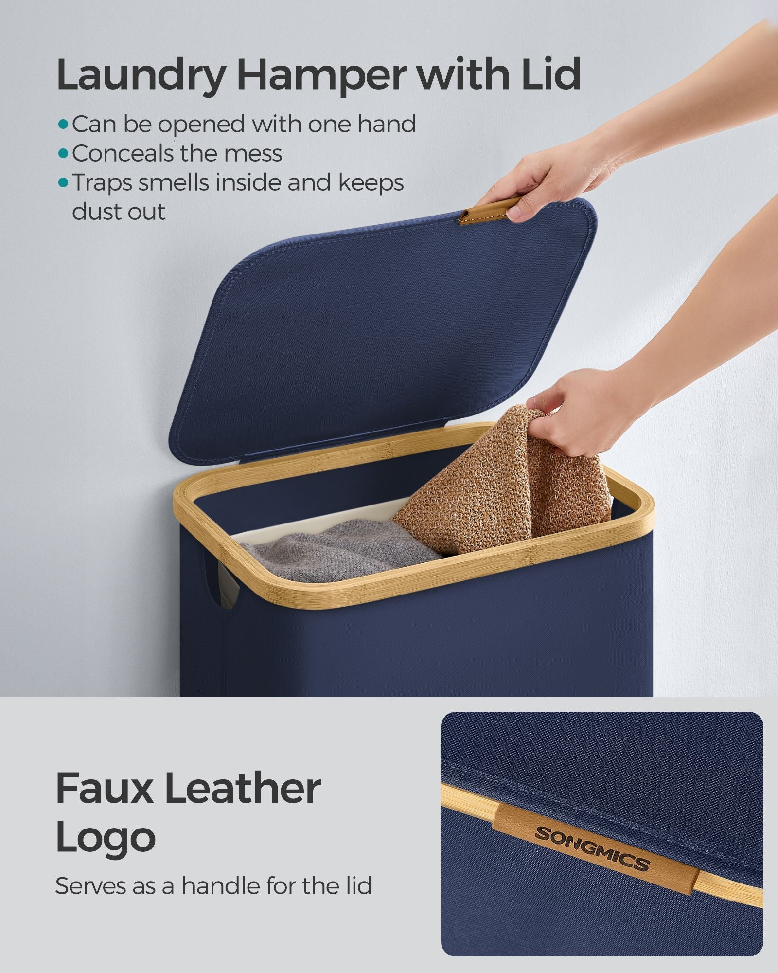 Laundry Basket – Oxford Fabric – Charcoal Blue – Slim, Collapsible with Lid and Removable Mesh Liner