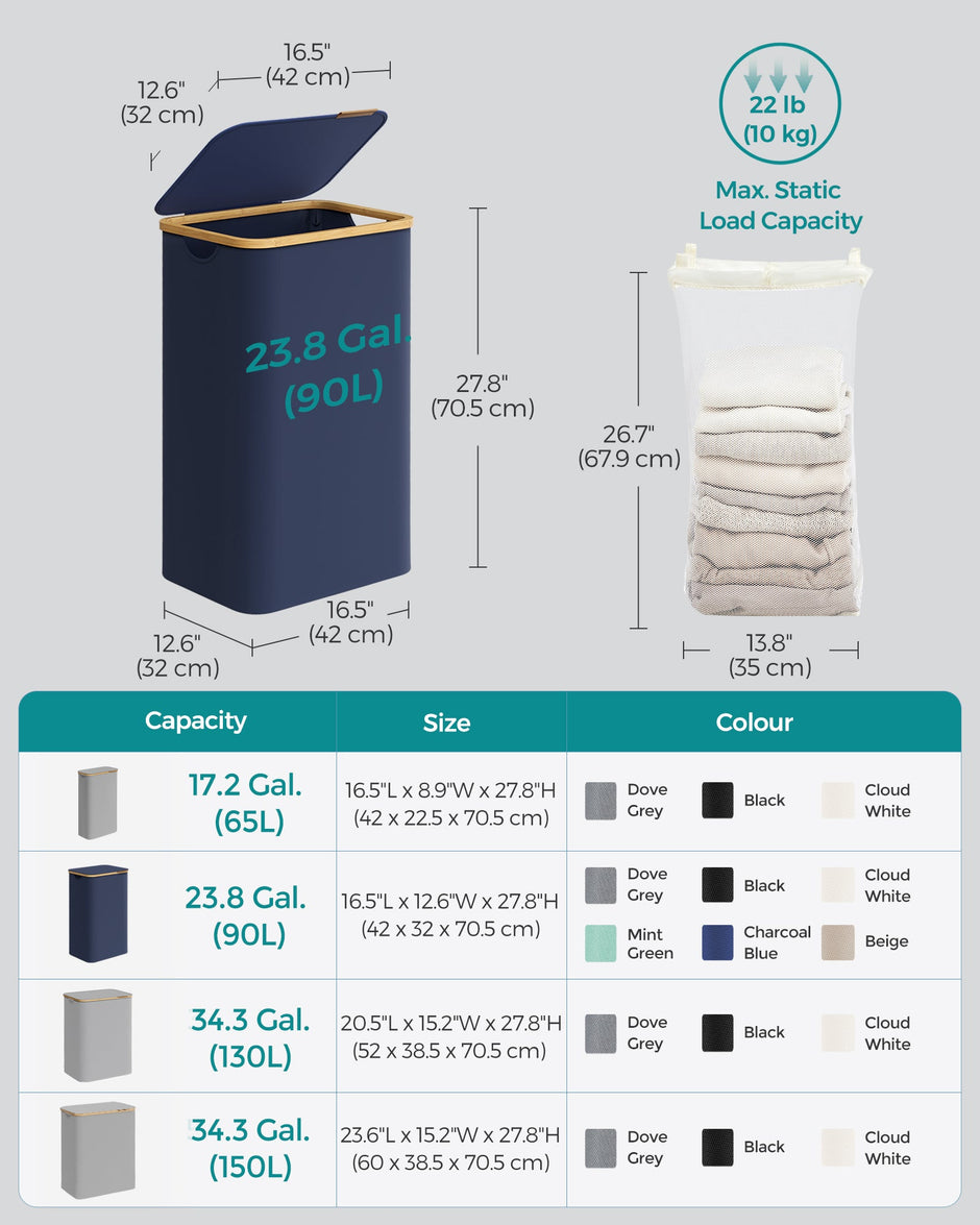 Laundry Basket – Oxford Fabric – Charcoal Blue – Slim, Collapsible with Lid and Removable Mesh Liner