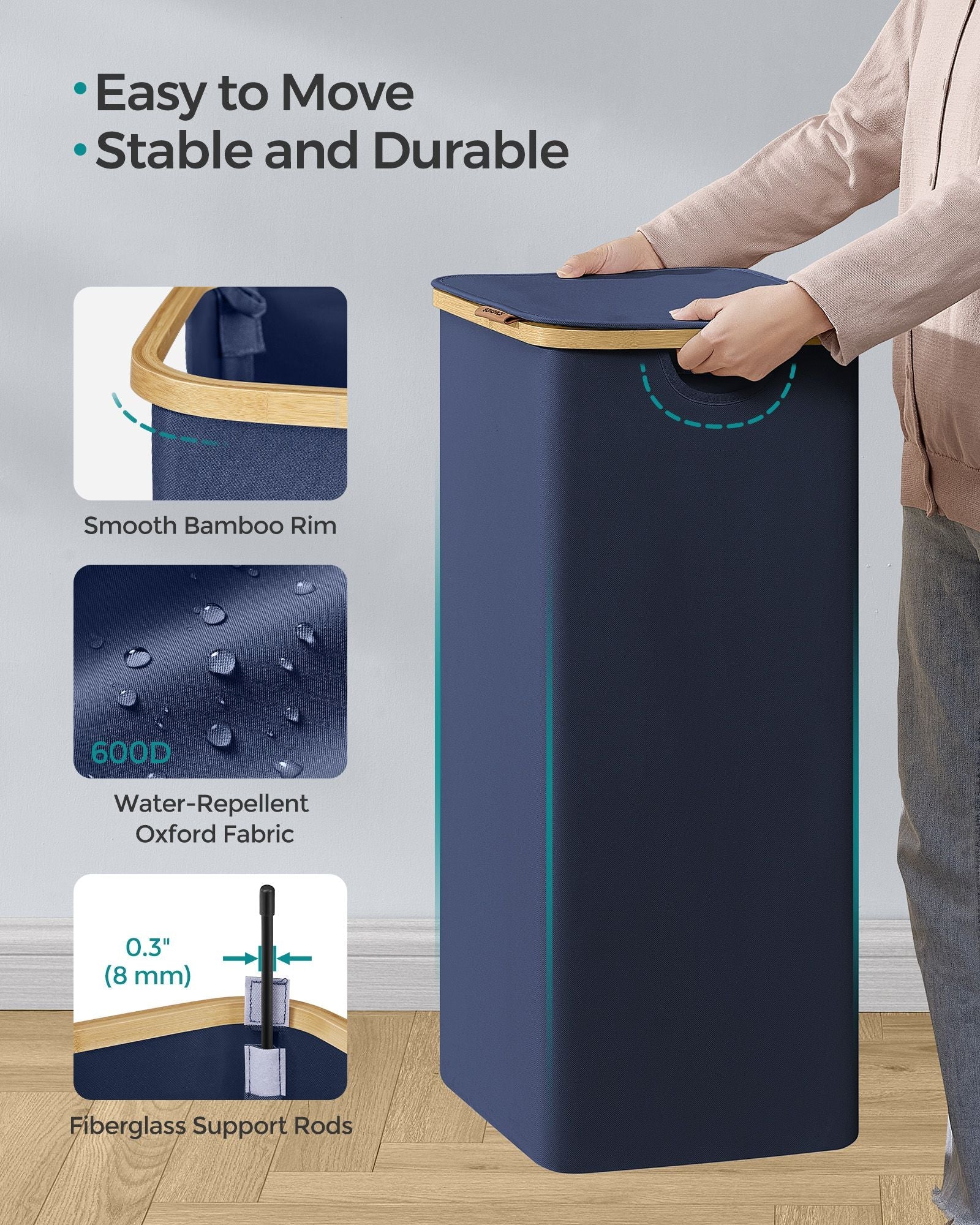 Laundry Basket – Oxford Fabric – Charcoal Blue – Slim, Collapsible with Lid and Removable Mesh Liner