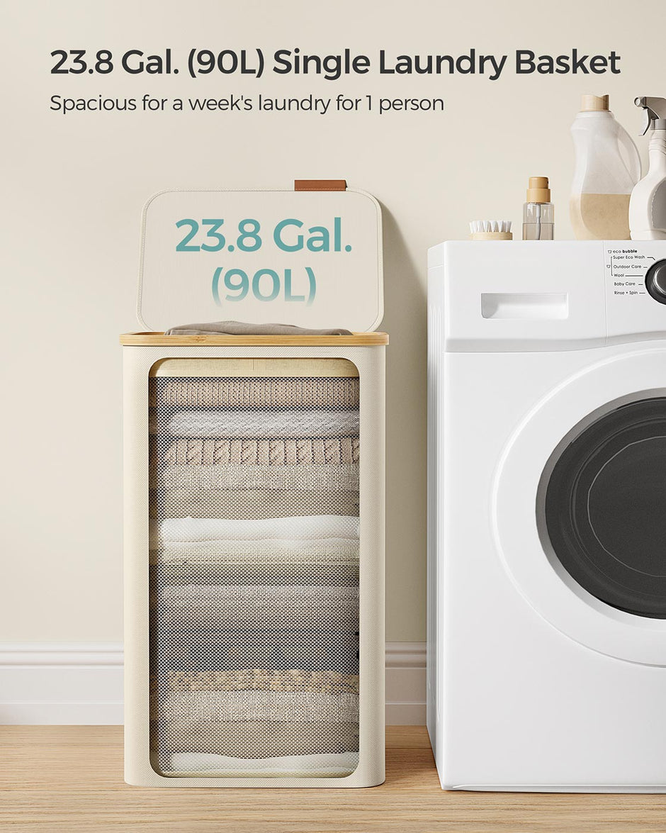 Laundry Basket – Oxford Fabric – Cream White – Space-Saving with Lid and Removable Mesh Liner