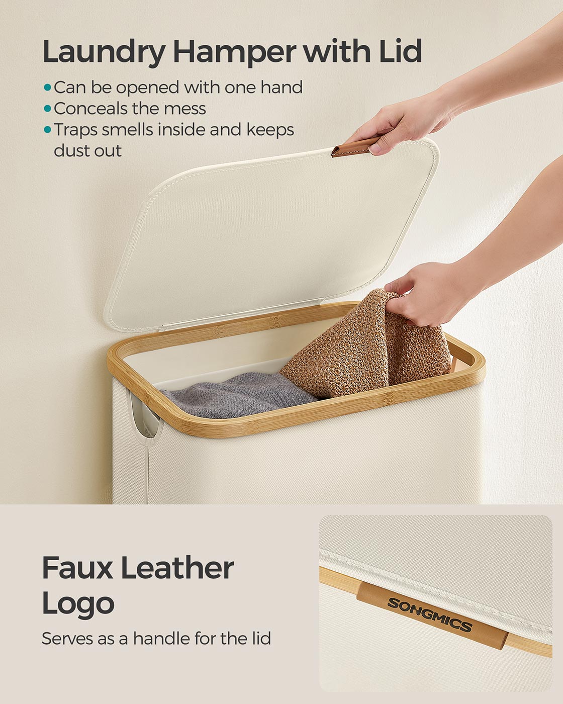 Laundry Basket – Oxford Fabric – Cream White – Space-Saving with Lid and Removable Mesh Liner