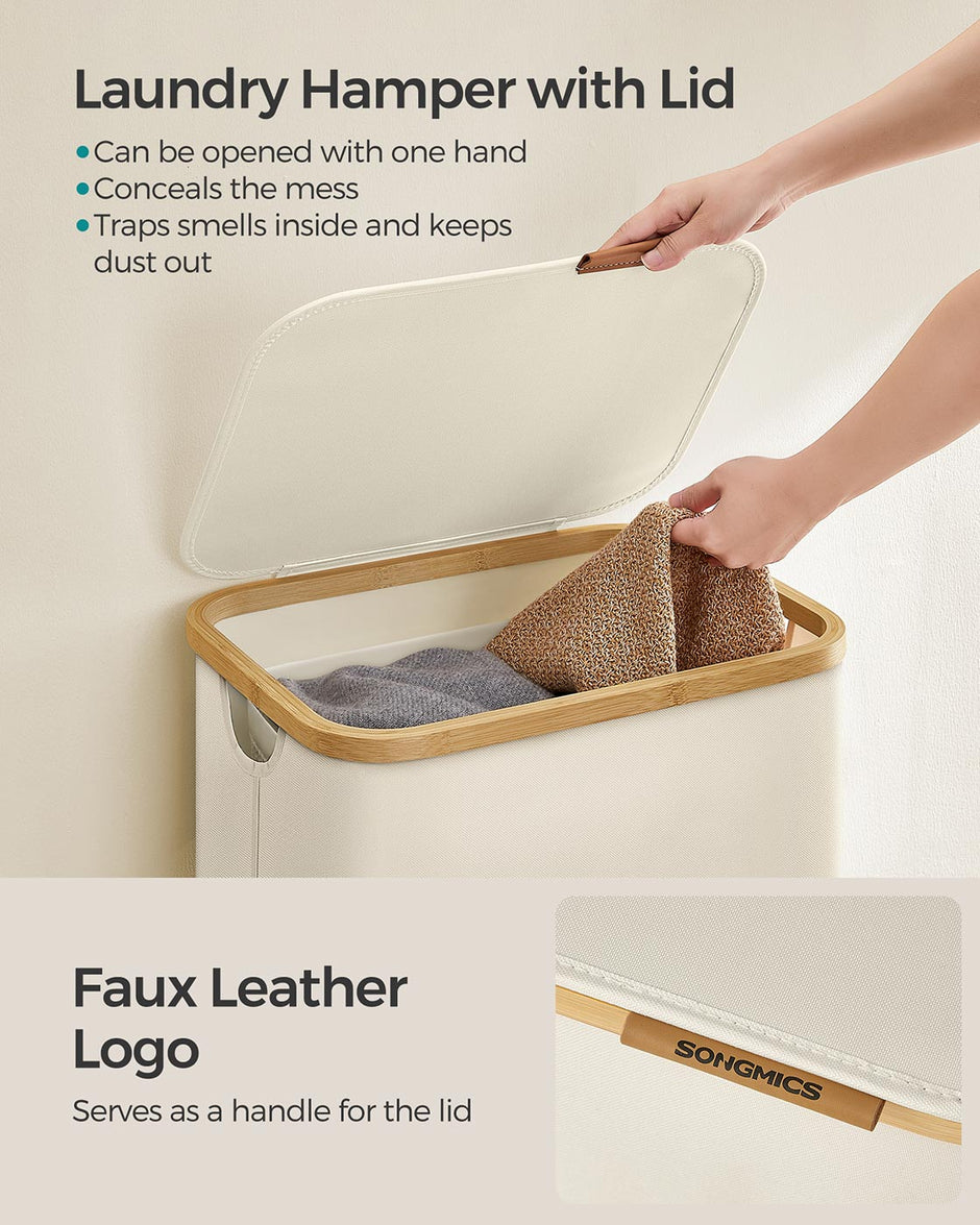 Laundry Basket – Oxford Fabric – Cream White – Space-Saving with Lid and Removable Mesh Liner