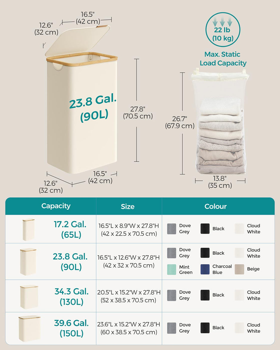 Laundry Basket – Oxford Fabric – Cream White – Space-Saving with Lid and Removable Mesh Liner