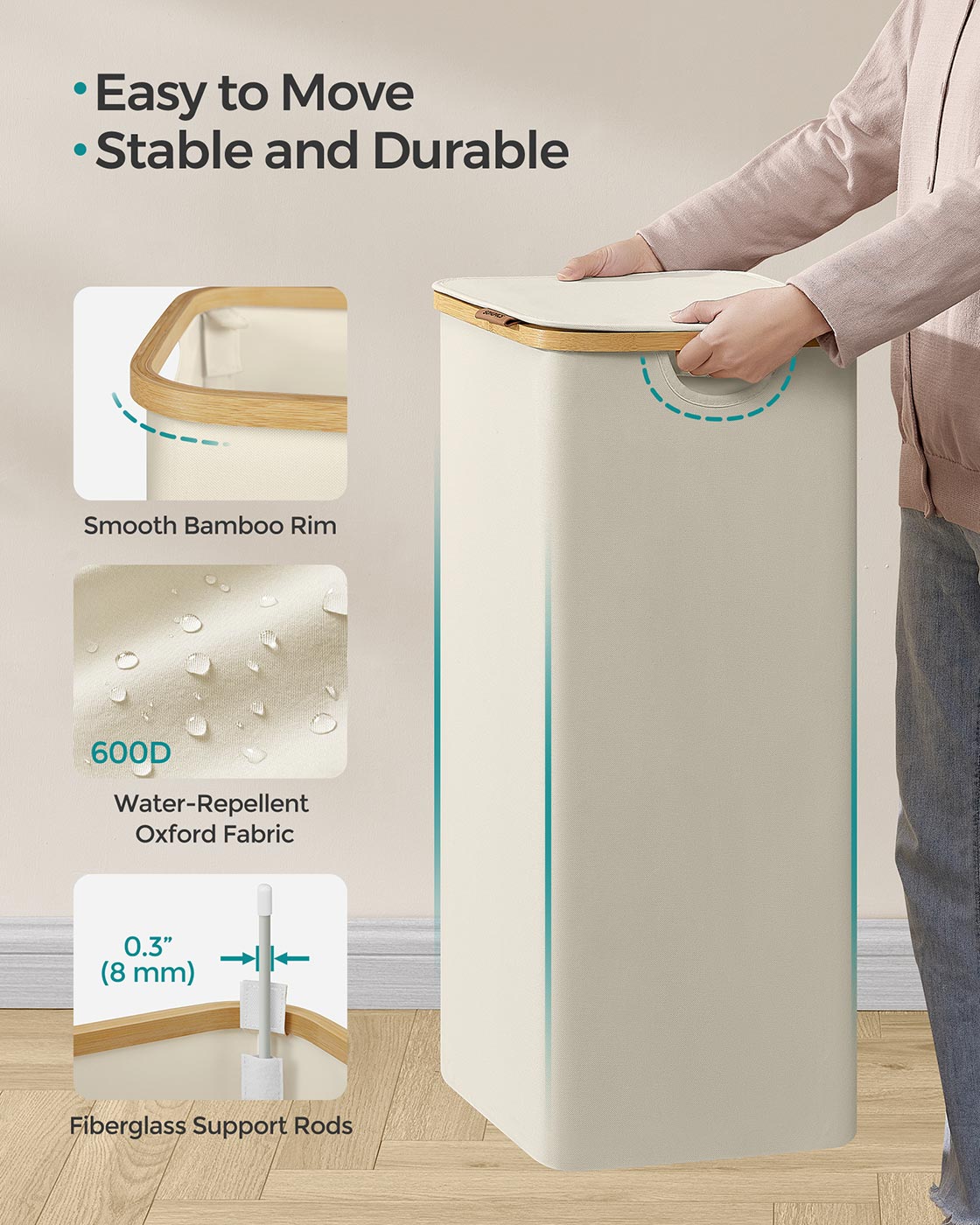 Laundry Basket – Oxford Fabric – Cream White – Space-Saving with Lid and Removable Mesh Liner