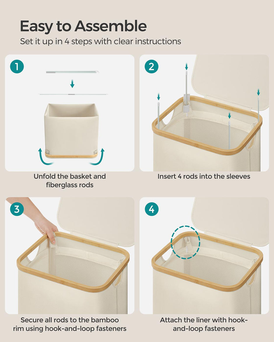 Laundry Basket – Oxford Fabric – Cream White – Space-Saving with Lid and Removable Mesh Liner