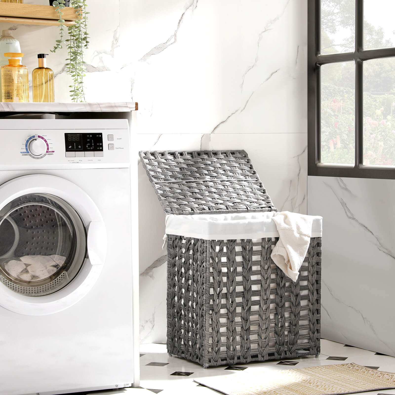 Laundry Hamper – Handwoven Rattan-Style – Grey – Lid & Removable Liner Bag