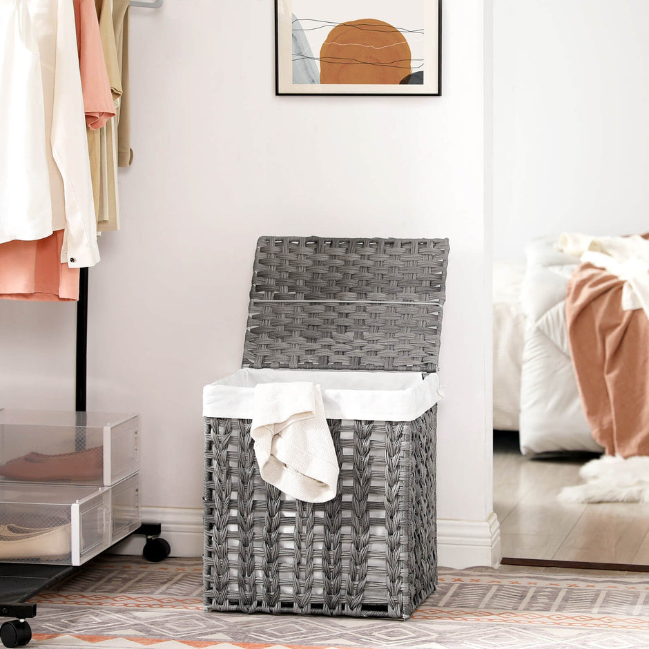 Laundry Hamper – Handwoven Rattan-Style – Grey – Lid & Removable Liner Bag