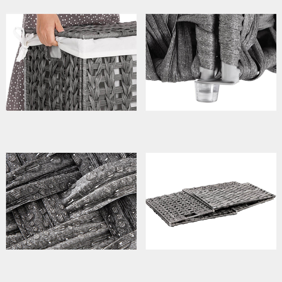 Laundry Hamper – Handwoven Rattan-Style – Grey – Lid & Removable Liner Bag