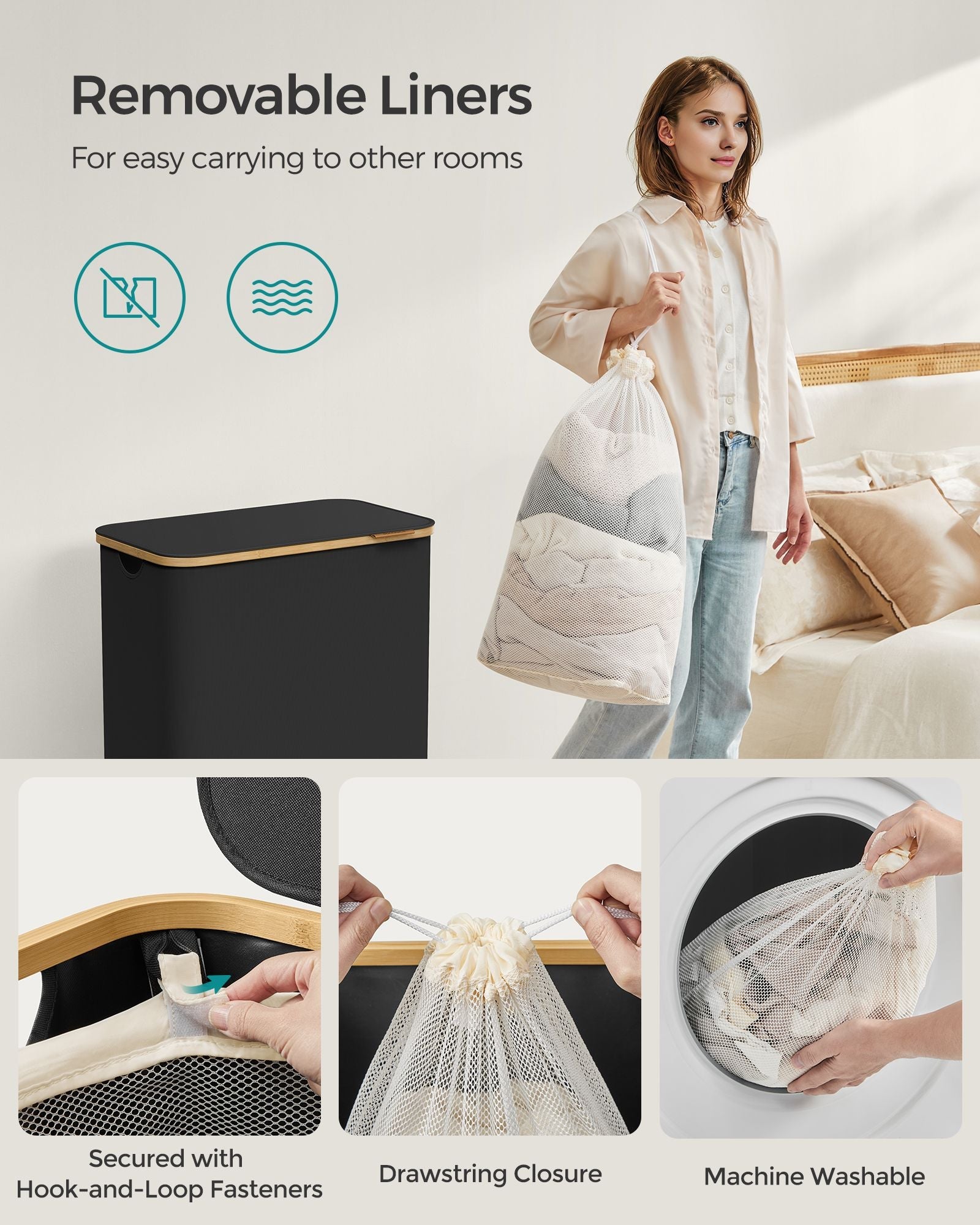 Large 130L Laundry Basket – Oxford Fabric – Ink Black – Collapsible with Lid and Removable Mesh Liner