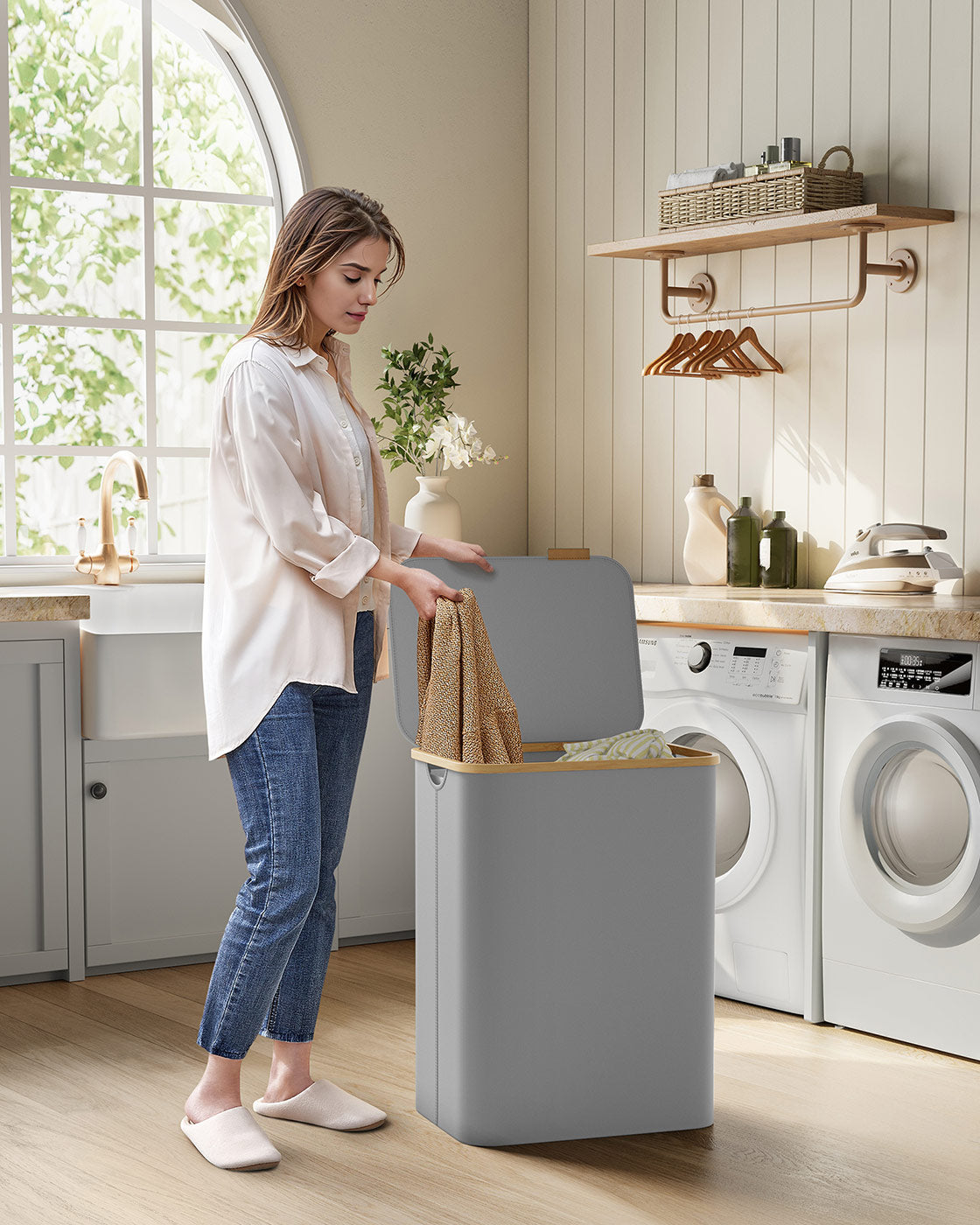 Laundry Basket – Oxford Fabric – Dove Grey – 2-Section with Lid and Removable Mesh Liner