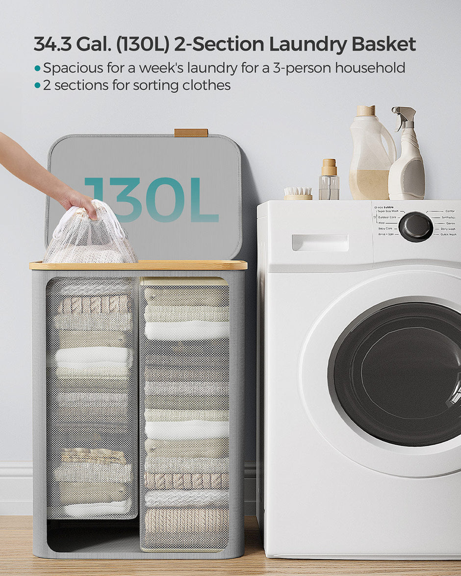 Laundry Basket – Oxford Fabric – Dove Grey – 2-Section with Lid and Removable Mesh Liner