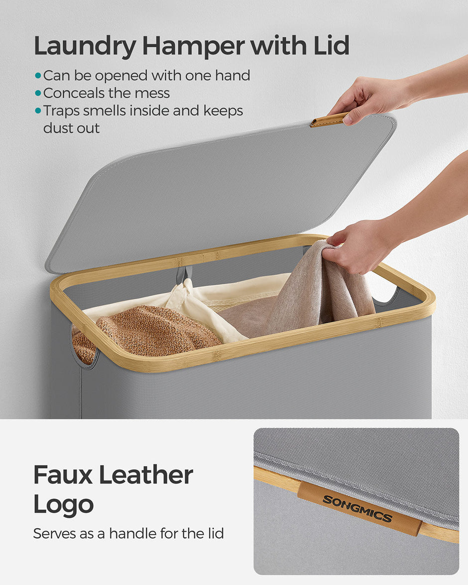 Laundry Basket – Oxford Fabric – Dove Grey – 2-Section with Lid and Removable Mesh Liner