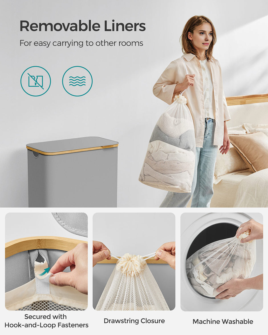 Laundry Basket – Oxford Fabric – Dove Grey – 2-Section with Lid and Removable Mesh Liner