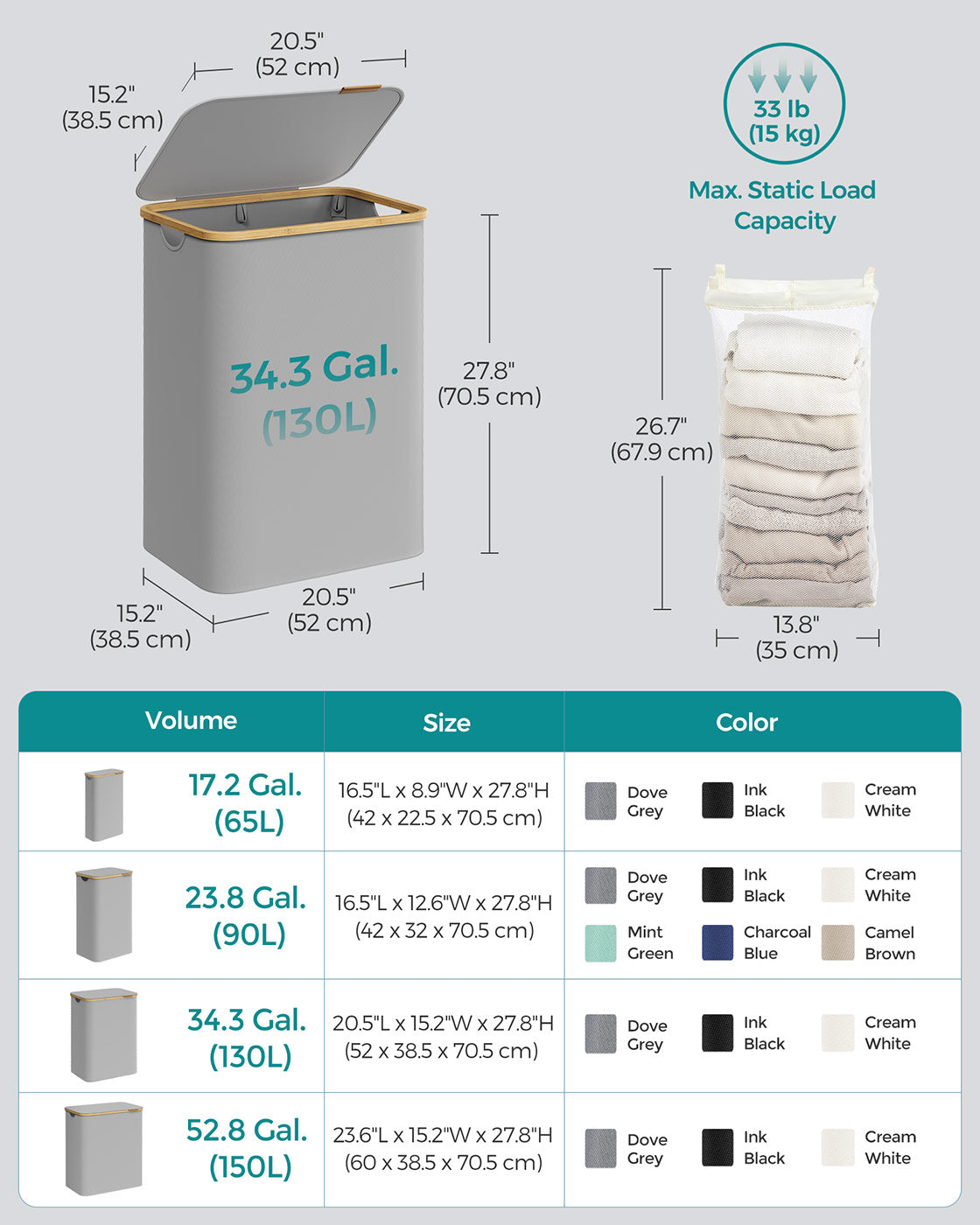 Laundry Basket – Oxford Fabric – Dove Grey – 2-Section with Lid and Removable Mesh Liner