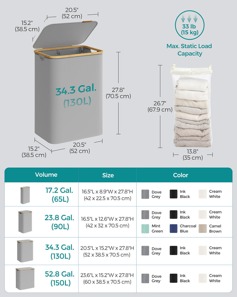 Laundry Basket – Oxford Fabric – Dove Grey – 2-Section with Lid and Removable Mesh Liner
