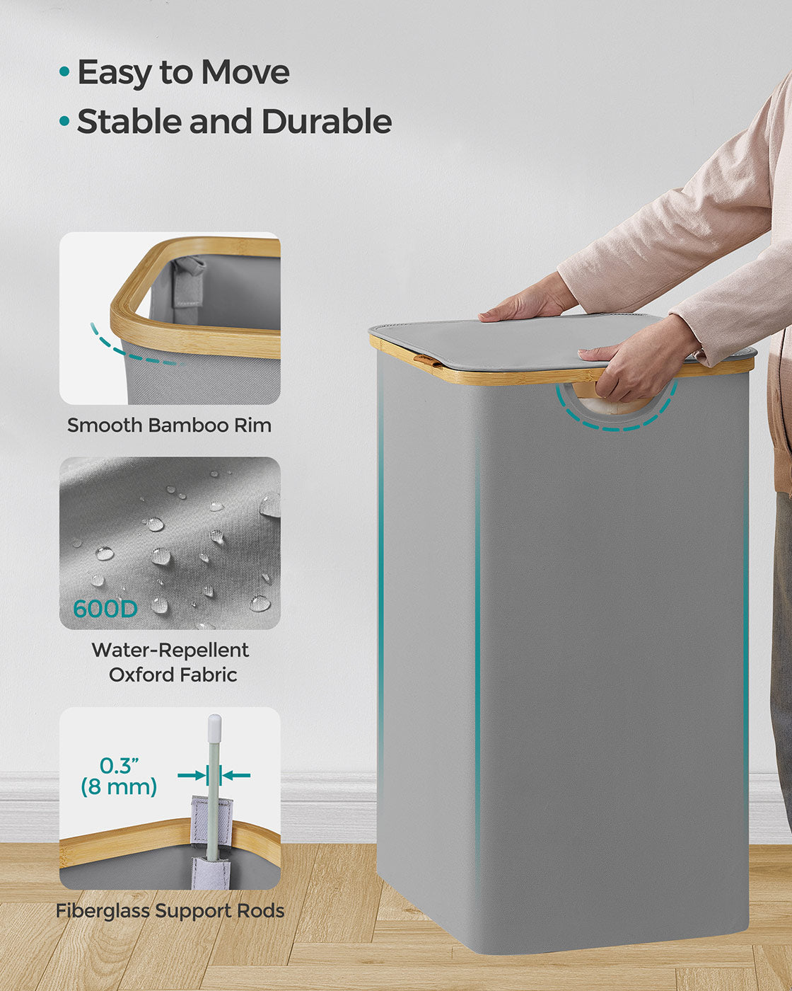 Laundry Basket – Oxford Fabric – Dove Grey – 2-Section with Lid and Removable Mesh Liner