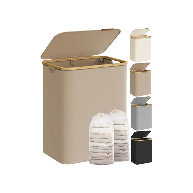 Laundry Basket – Oxford Fabric – Camel Brown – 2-Section with Lid and Removable Mesh Liner