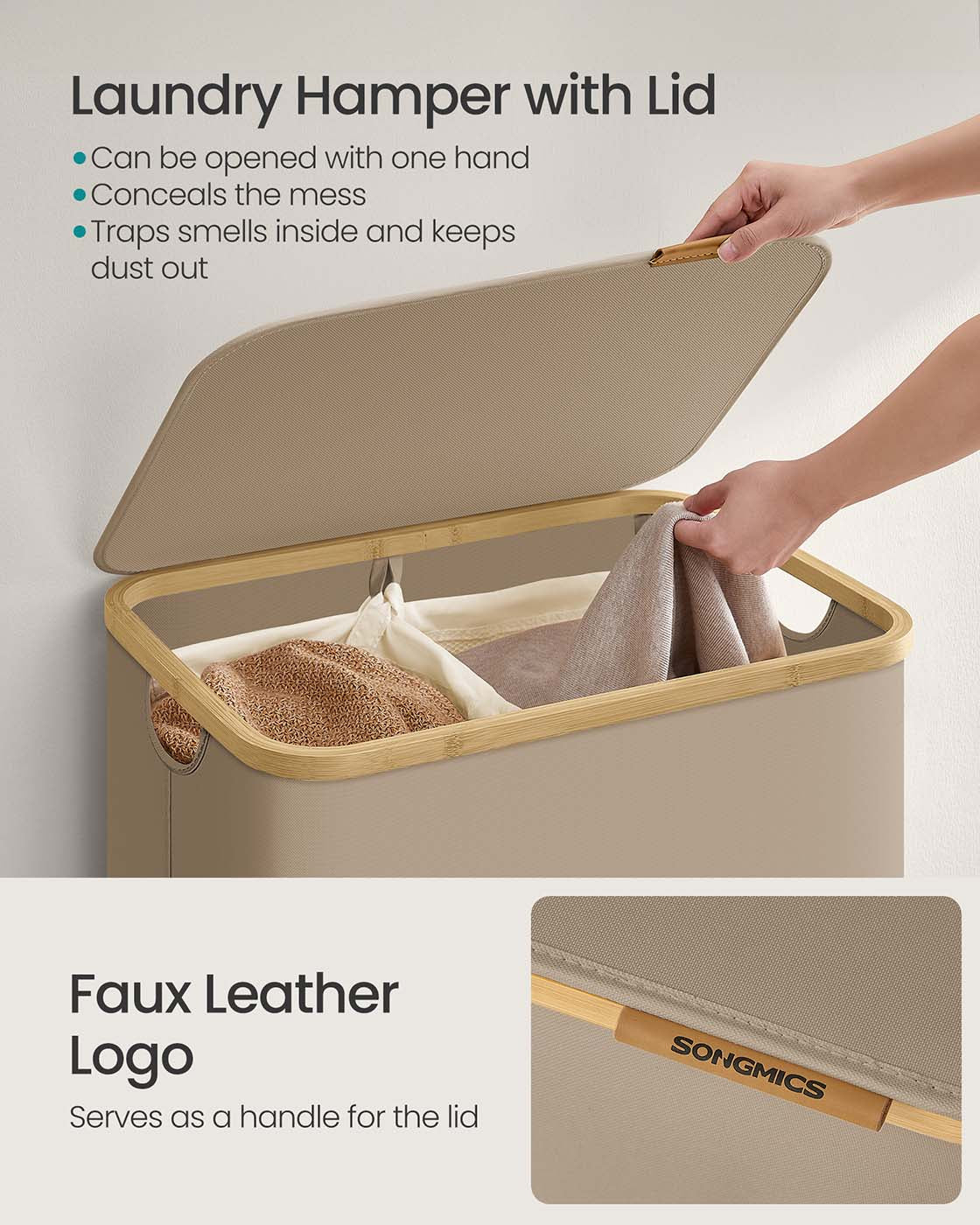 Laundry Basket – Oxford Fabric – Camel Brown – 2-Section with Lid and Removable Mesh Liner