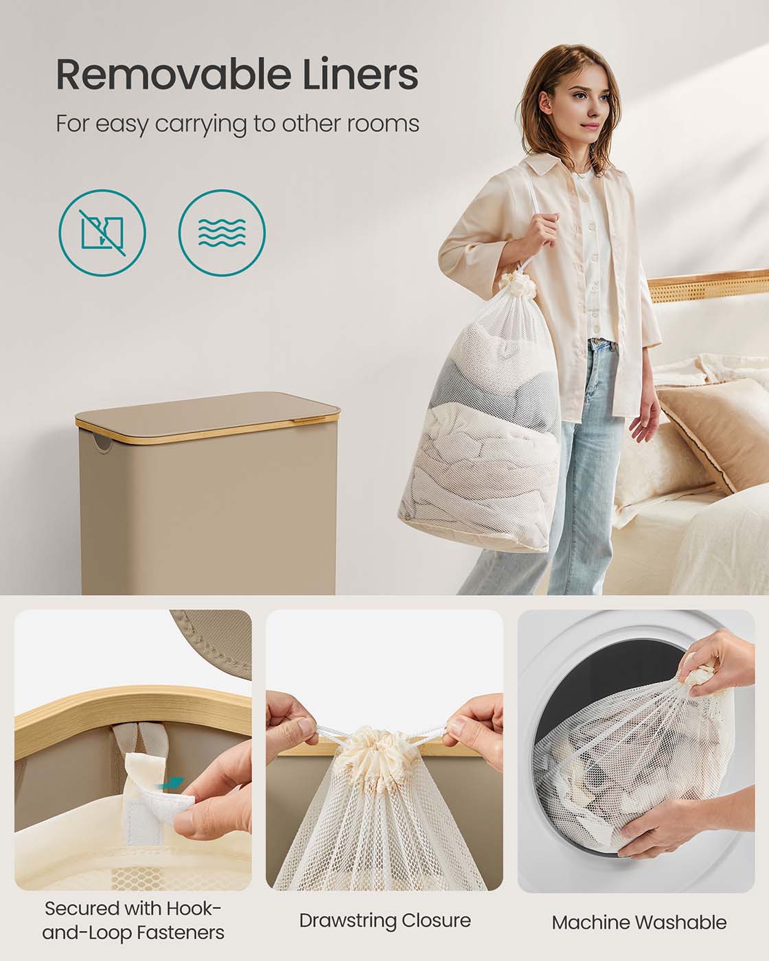 Laundry Basket – Oxford Fabric – Camel Brown – 2-Section with Lid and Removable Mesh Liner