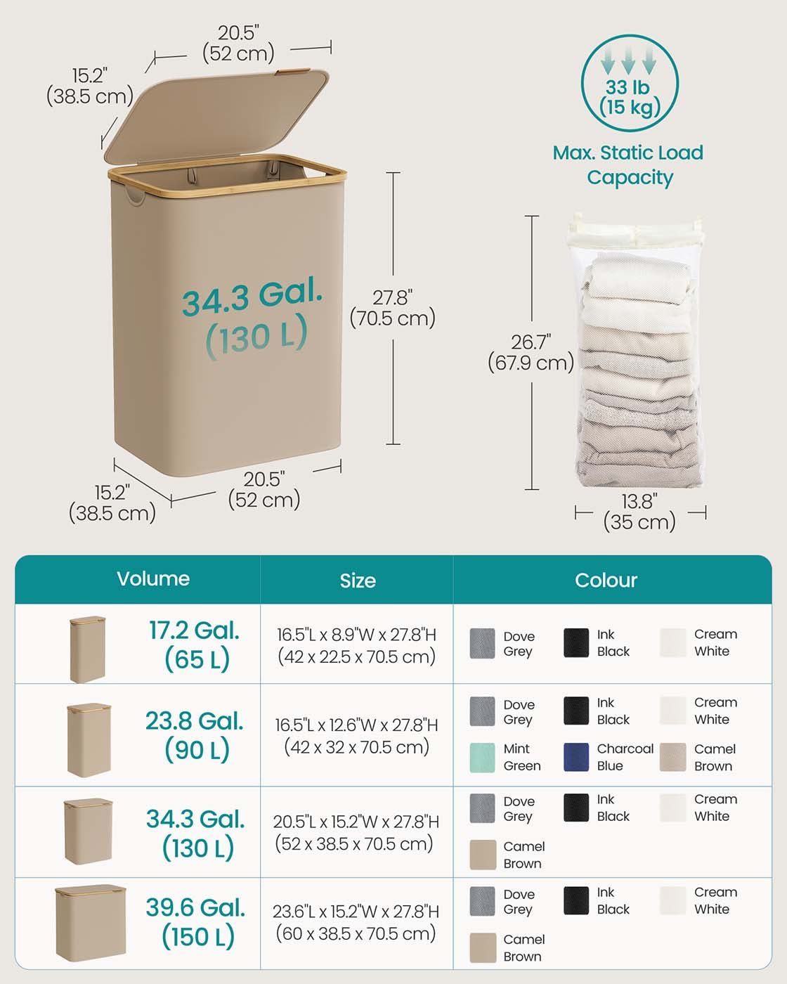 Laundry Basket – Oxford Fabric – Camel Brown – 2-Section with Lid and Removable Mesh Liner