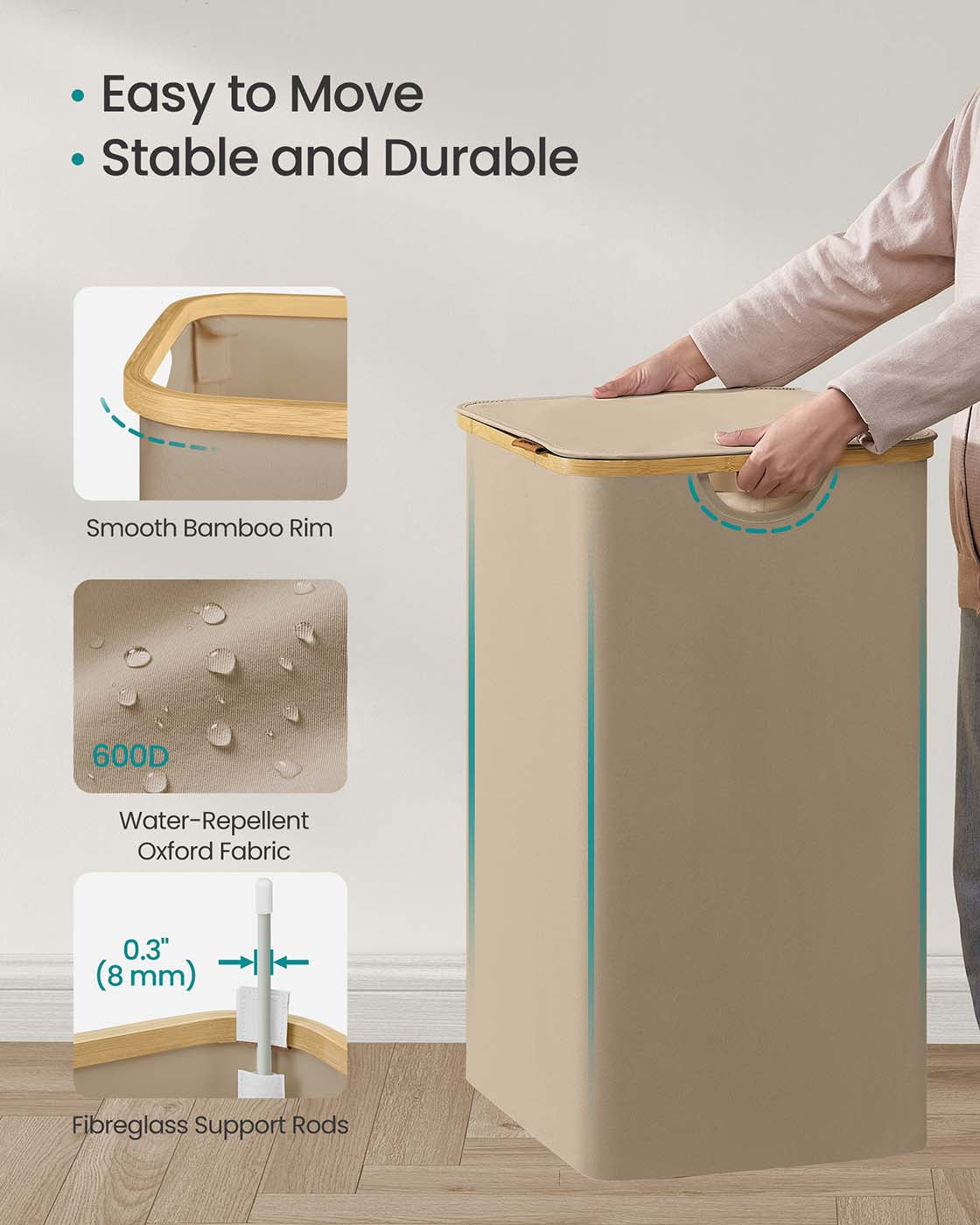Laundry Basket – Oxford Fabric – Camel Brown – 2-Section with Lid and Removable Mesh Liner