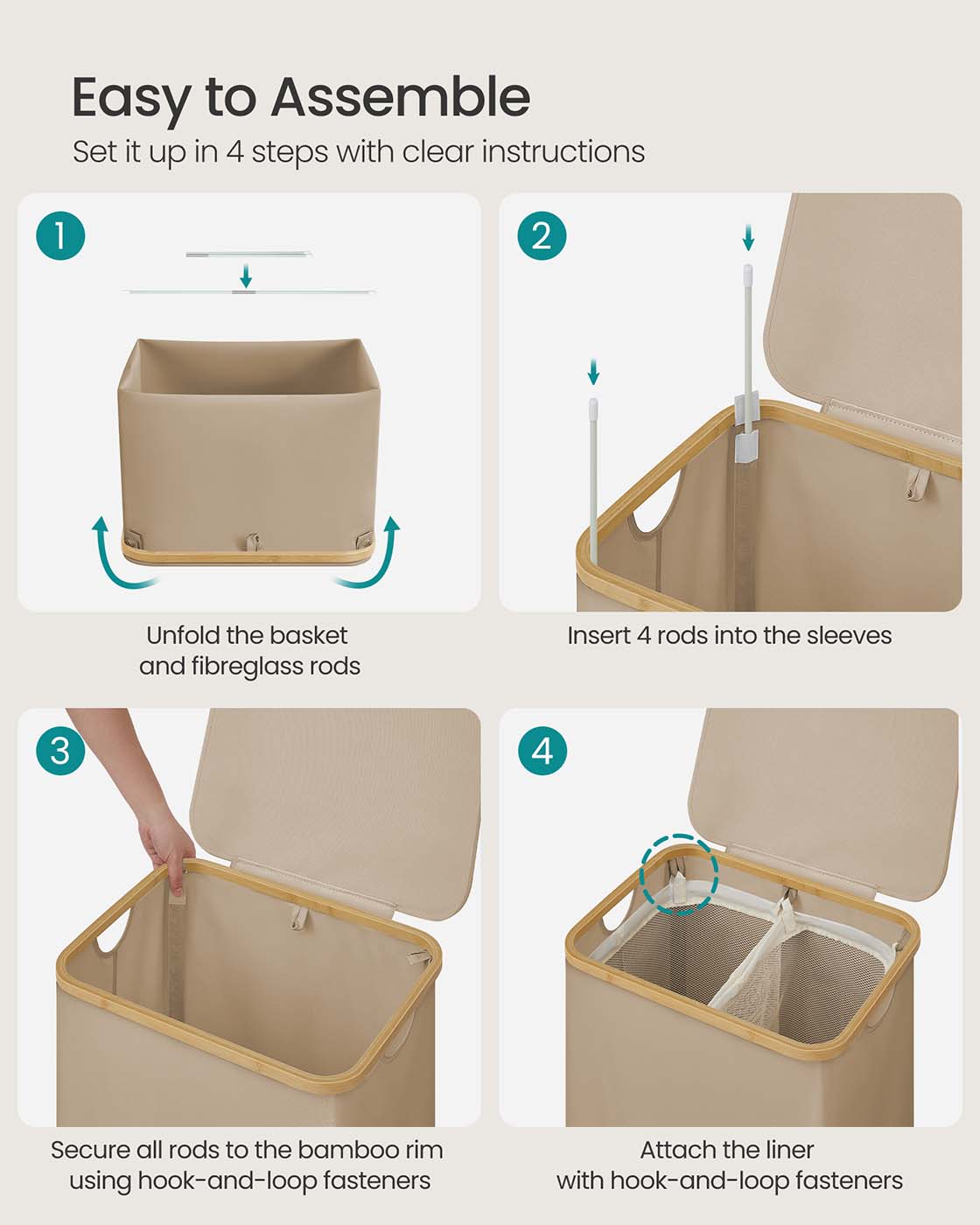 Laundry Basket – Oxford Fabric – Camel Brown – 2-Section with Lid and Removable Mesh Liner