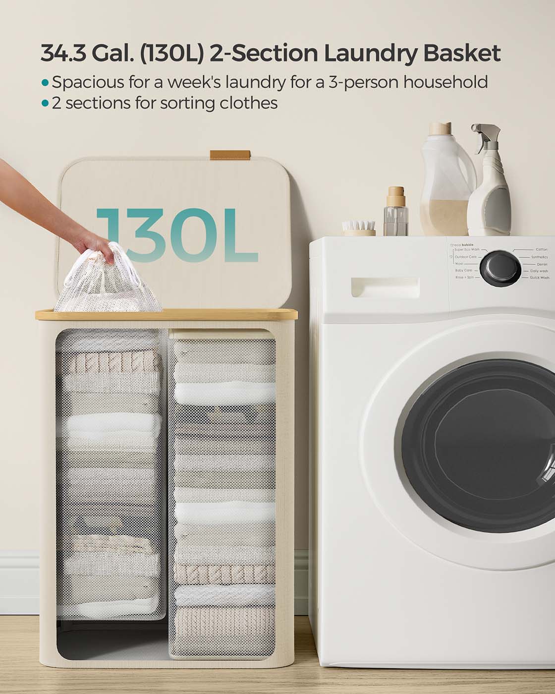 Laundry Basket – Oxford Fabric – Cream White – 130L Capacity, Collapsible Design, Removable Mesh Liner, Bamboo Handles