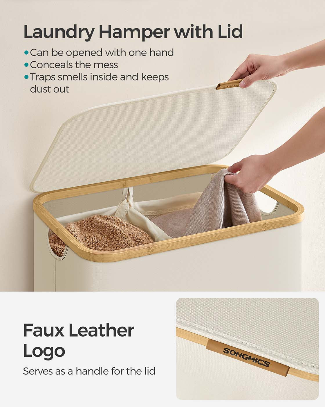 Laundry Basket – Oxford Fabric – Cream White – 130L Capacity, Collapsible Design, Removable Mesh Liner, Bamboo Handles