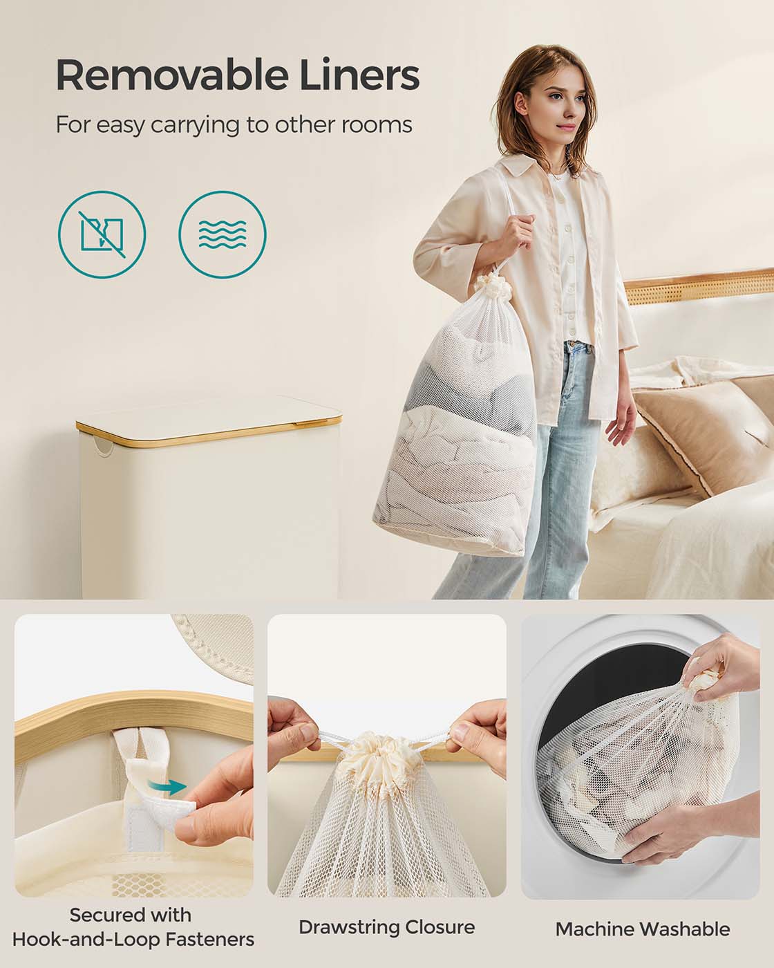 Laundry Basket – Oxford Fabric – Cream White – 130L Capacity, Collapsible Design, Removable Mesh Liner, Bamboo Handles
