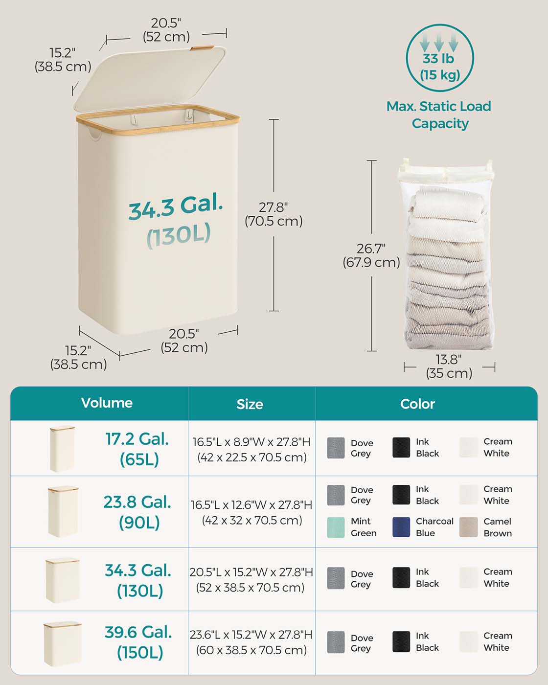 Laundry Basket – Oxford Fabric – Cream White – 130L Capacity, Collapsible Design, Removable Mesh Liner, Bamboo Handles