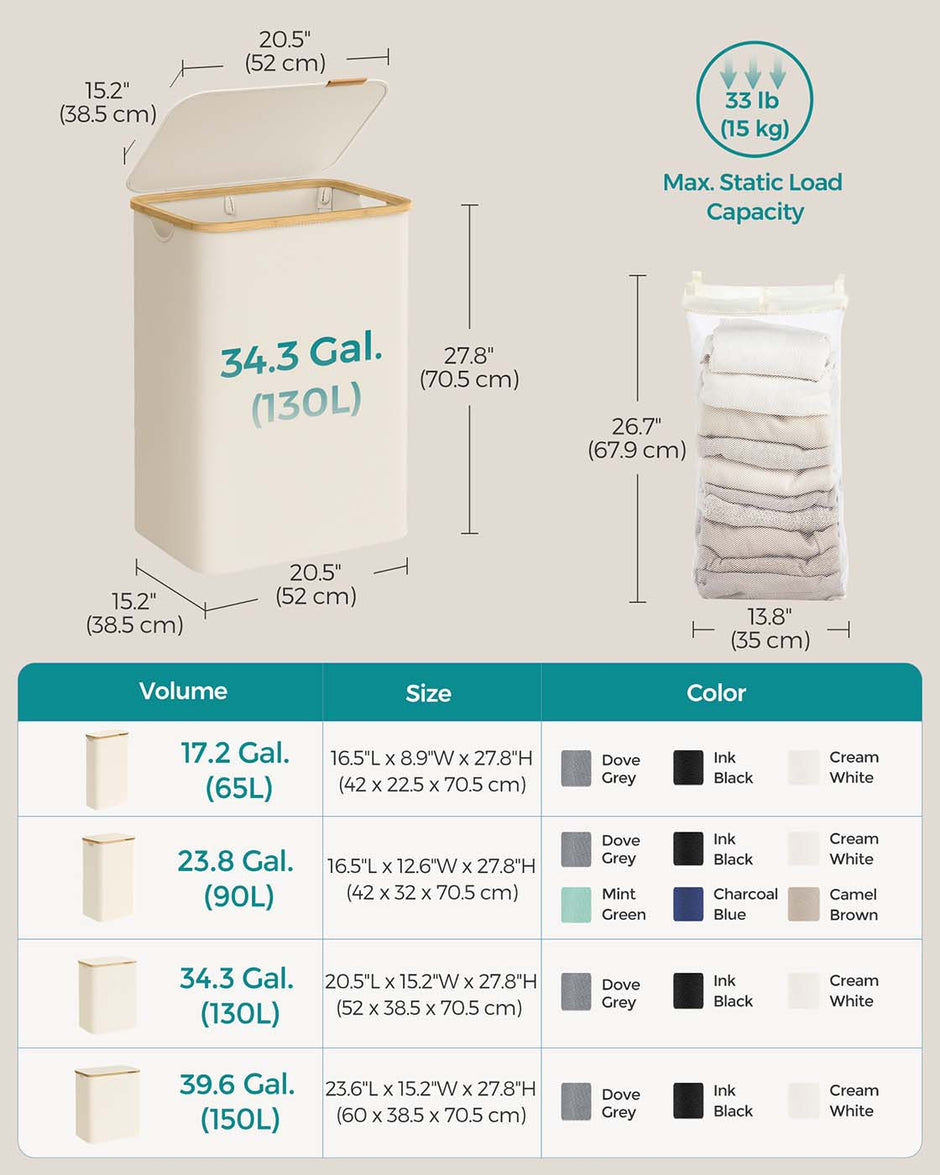 Laundry Basket – Oxford Fabric – Cream White – 130L Capacity, Collapsible Design, Removable Mesh Liner, Bamboo Handles