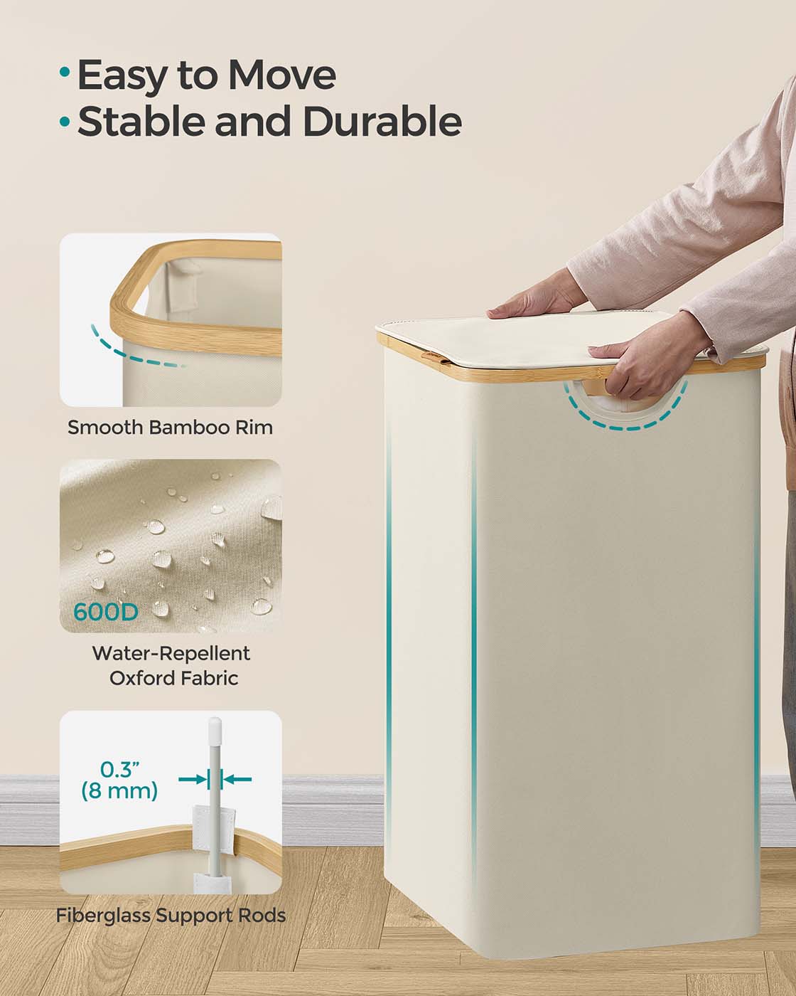 Laundry Basket – Oxford Fabric – Cream White – 130L Capacity, Collapsible Design, Removable Mesh Liner, Bamboo Handles