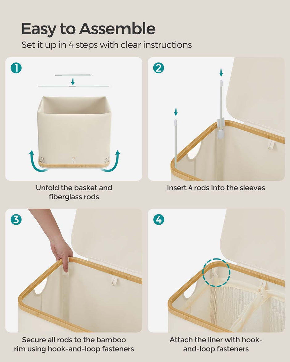 Laundry Basket – Oxford Fabric – Cream White – 130L Capacity, Collapsible Design, Removable Mesh Liner, Bamboo Handles