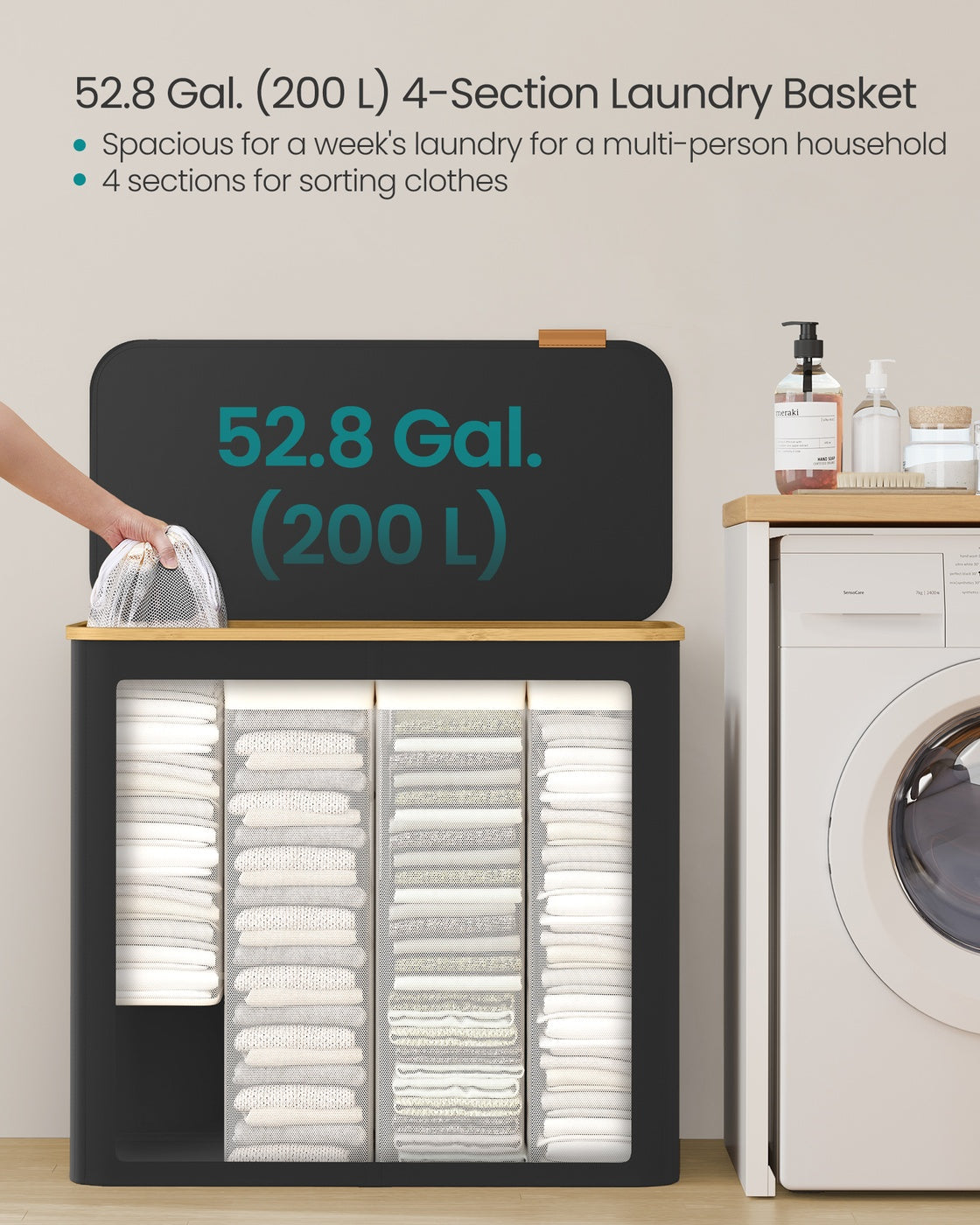 Laundry Basket – Oxford Fabric – Slim Design – With Lid and Removable Mesh Liner
