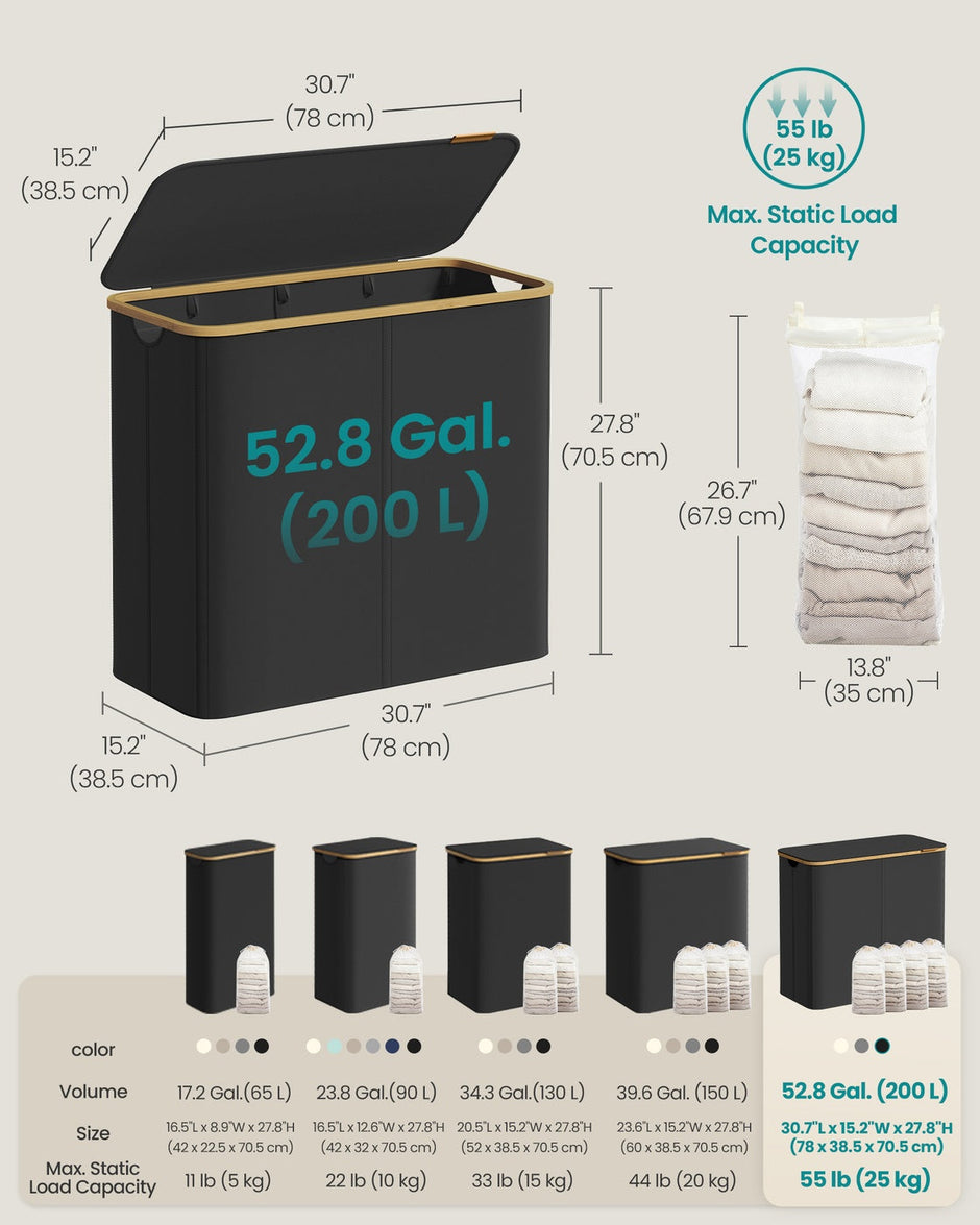 Laundry Basket – Oxford Fabric – Slim Design – With Lid and Removable Mesh Liner
