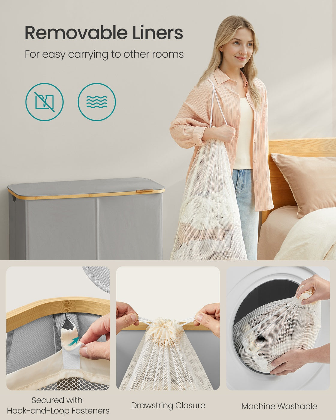 Laundry Basket – Oxford Fabric – Slim Design – With Lid and Removable Mesh Liner