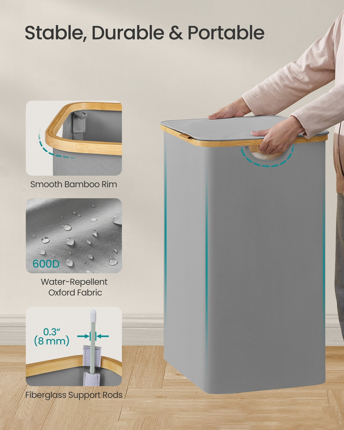 Laundry Basket – Oxford Fabric – Slim Design – With Lid and Removable Mesh Liner