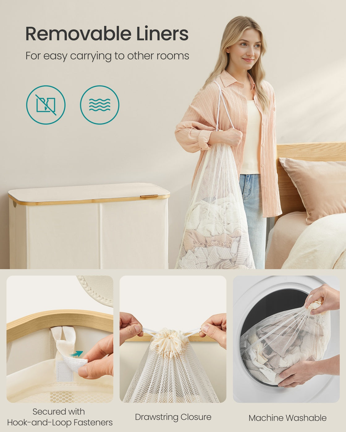 Laundry Basket – Oxford Fabric – Slim Design – With Lid and Removable Mesh Liner