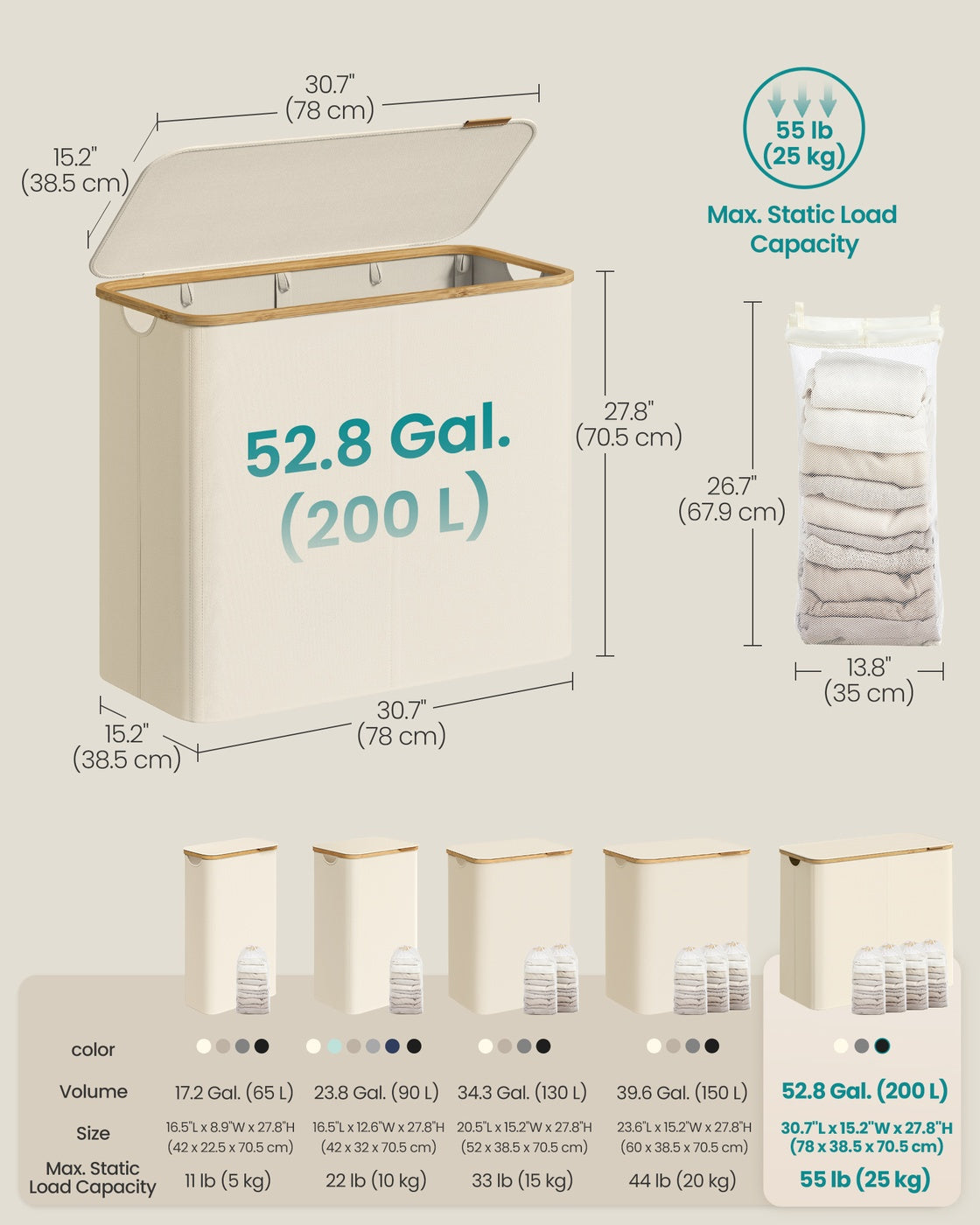 Laundry Basket – Oxford Fabric – Slim Design – With Lid and Removable Mesh Liner