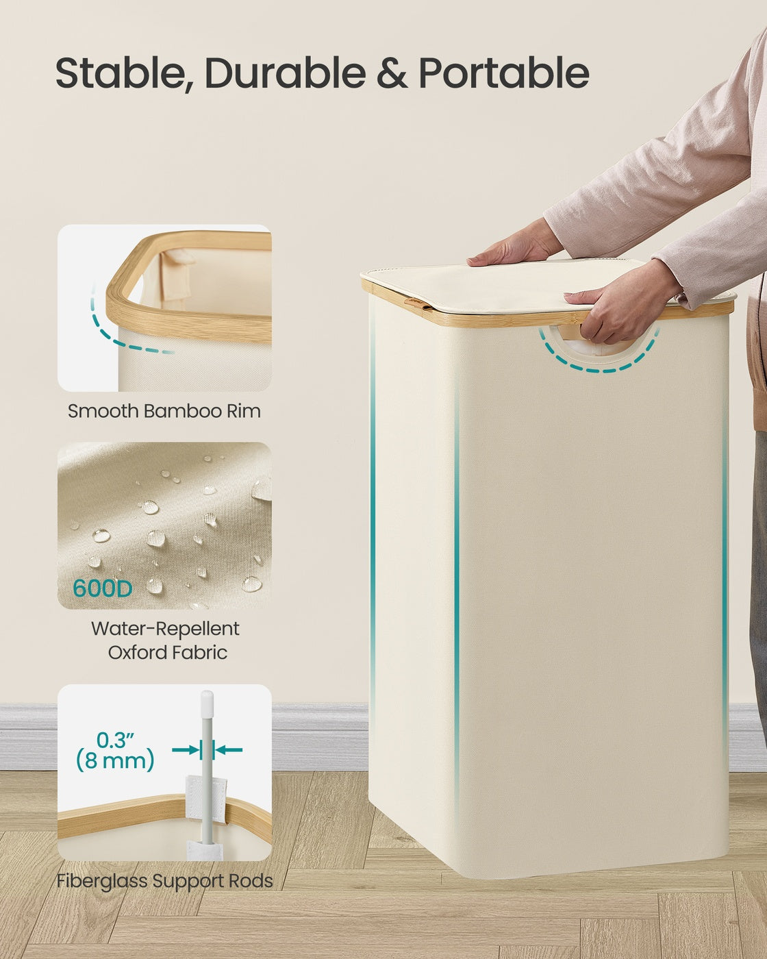Laundry Basket – Oxford Fabric – Slim Design – With Lid and Removable Mesh Liner
