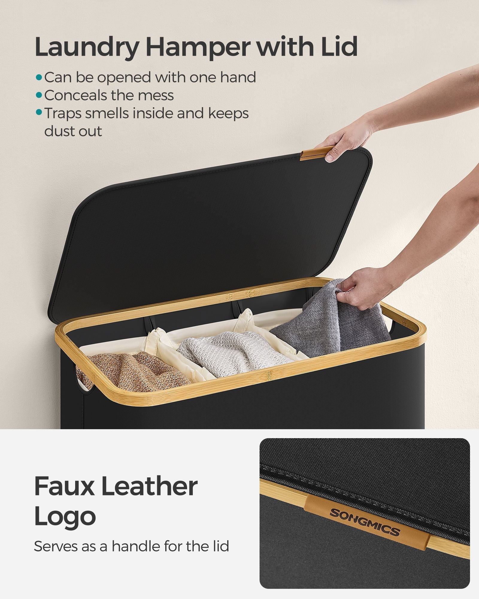 Laundry Basket – Oxford Fabric – Ink Black – 3-Section with Lid and Removable Mesh Liner