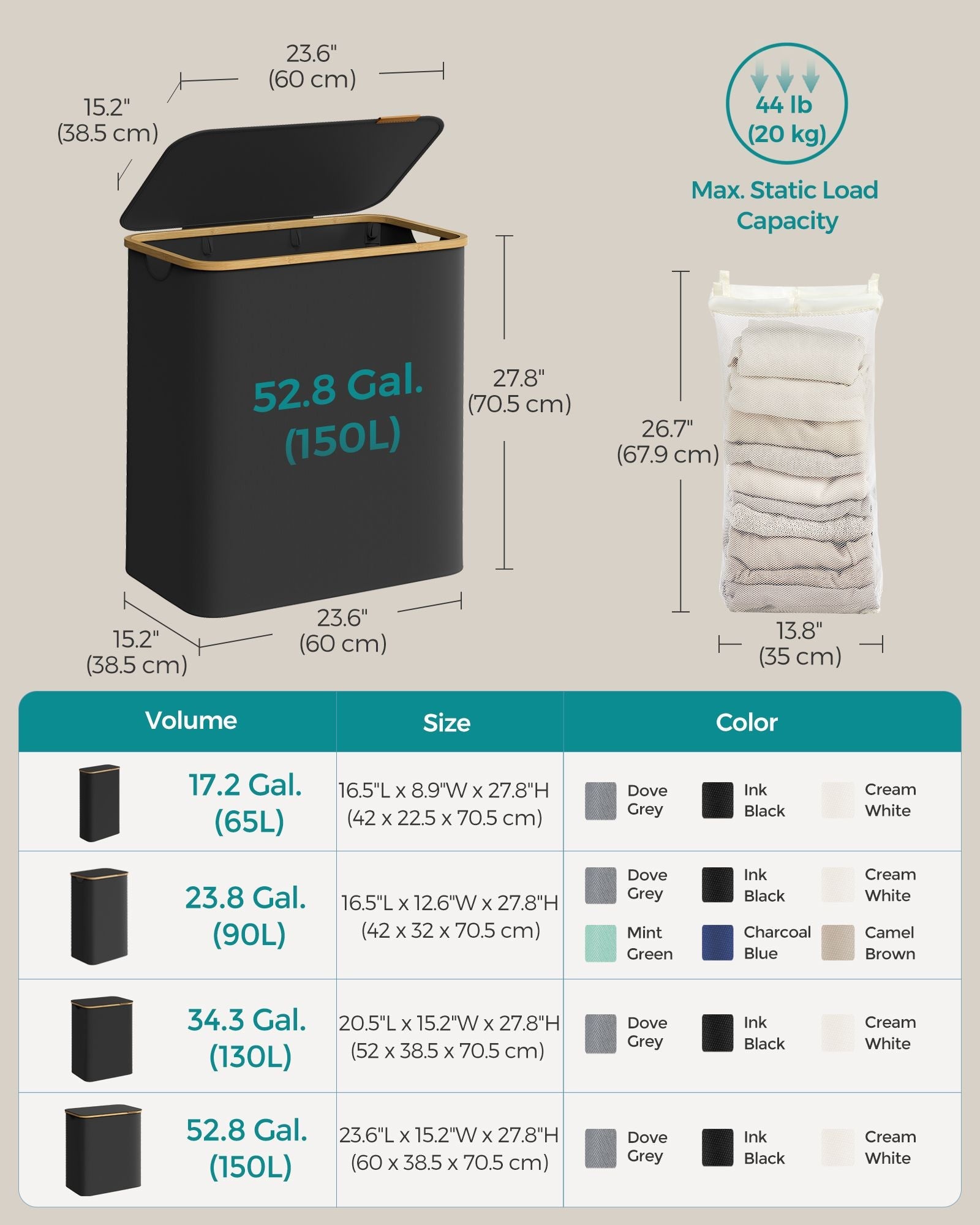 Laundry Basket – Oxford Fabric – Ink Black – 3-Section with Lid and Removable Mesh Liner