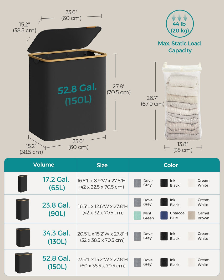 Laundry Basket – Oxford Fabric – Ink Black – 3-Section with Lid and Removable Mesh Liner