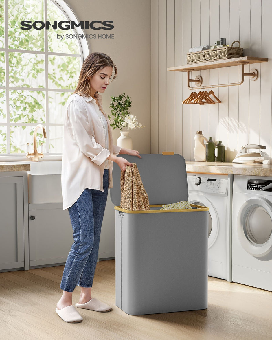 Laundry Hamper – Oxford Fabric – Dove Grey – 3-Section with Lid and Removable Mesh Liner