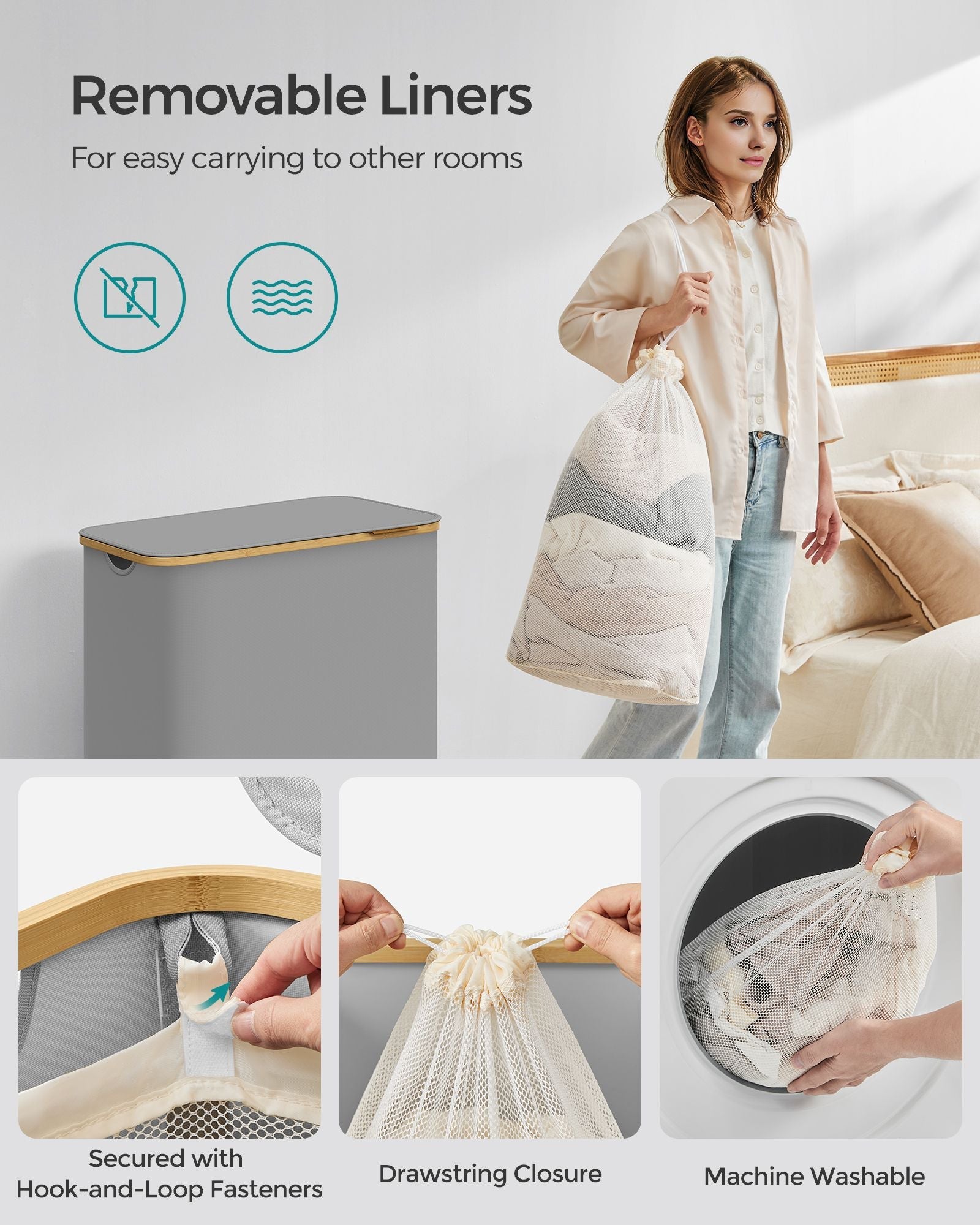 Laundry Hamper – Oxford Fabric – Dove Grey – 3-Section with Lid and Removable Mesh Liner