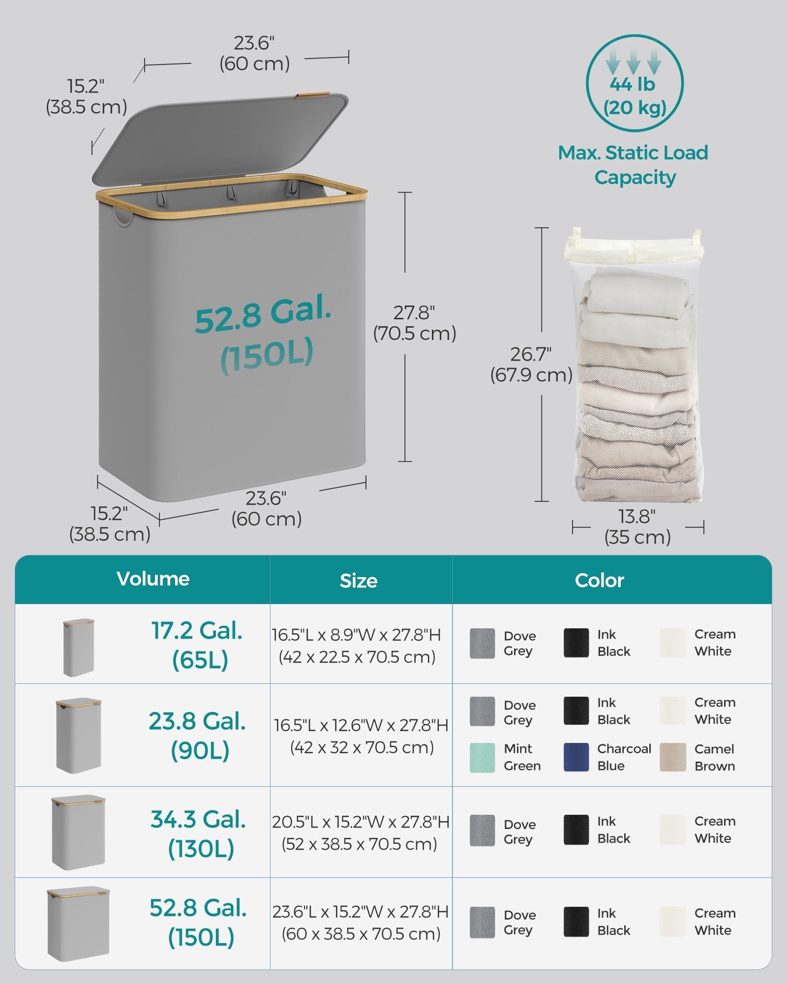 Laundry Hamper – Oxford Fabric – Dove Grey – 3-Section with Lid and Removable Mesh Liner