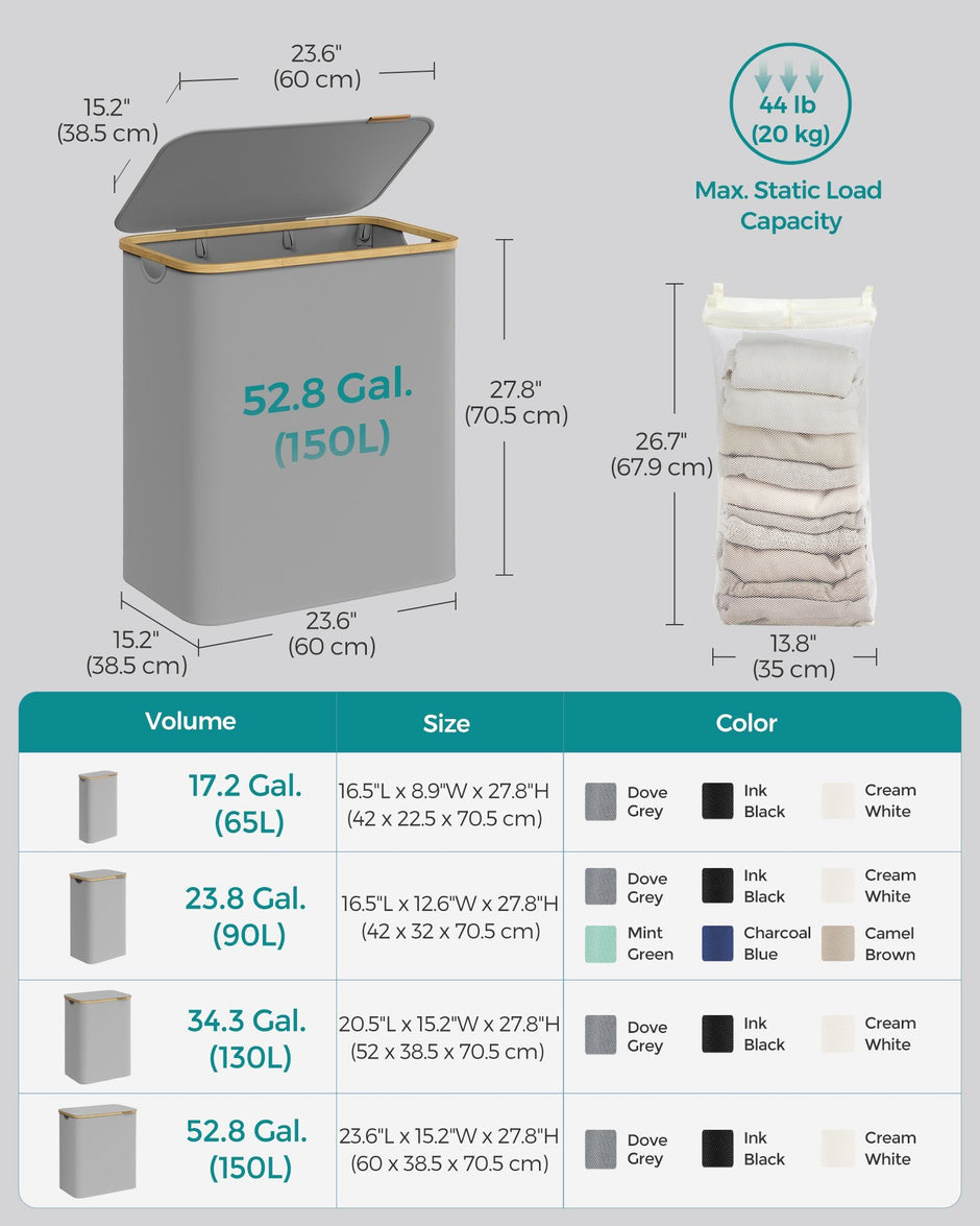 Laundry Hamper – Oxford Fabric – Dove Grey – 3-Section with Lid and Removable Mesh Liner
