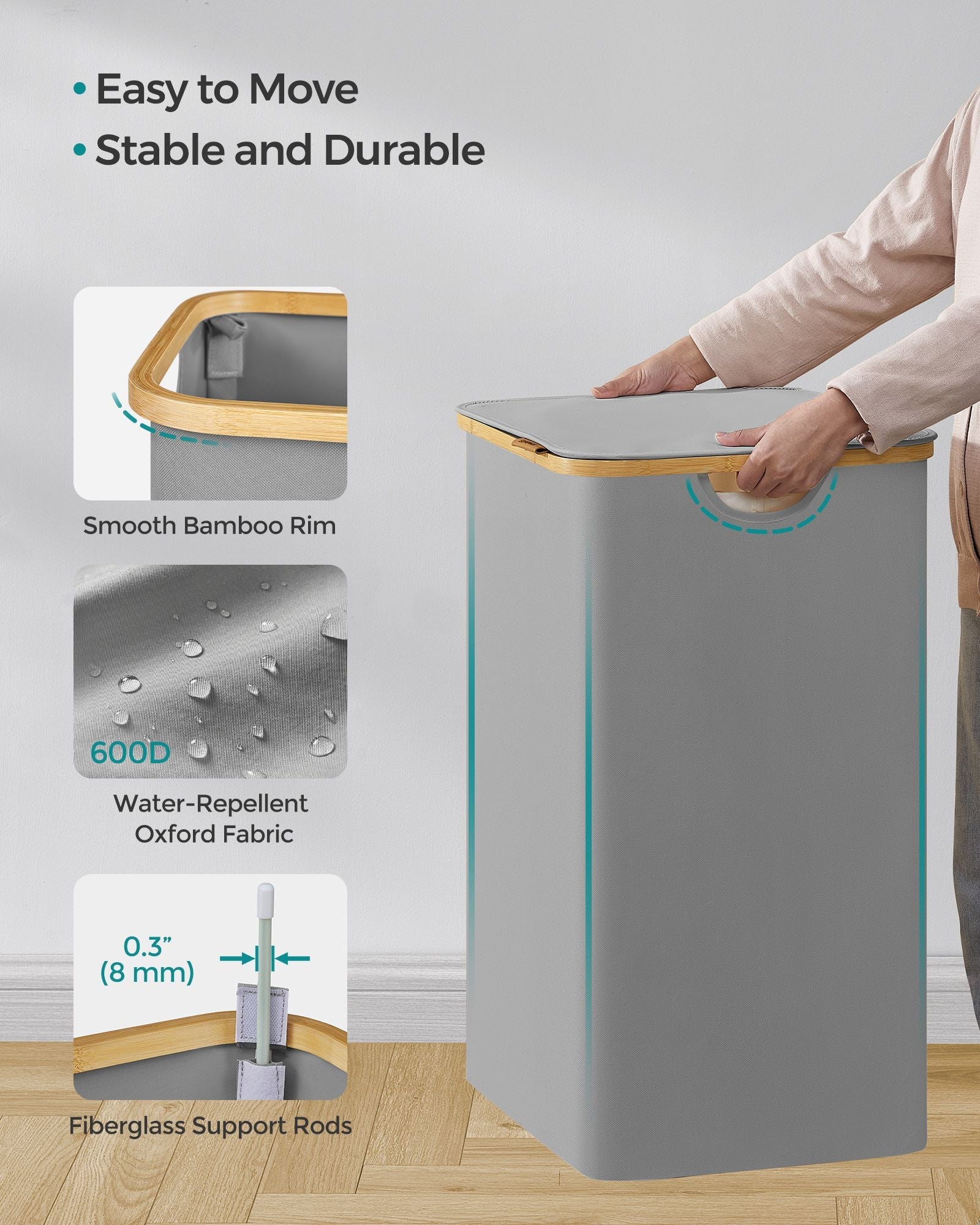 Laundry Hamper – Oxford Fabric – Dove Grey – 3-Section with Lid and Removable Mesh Liner