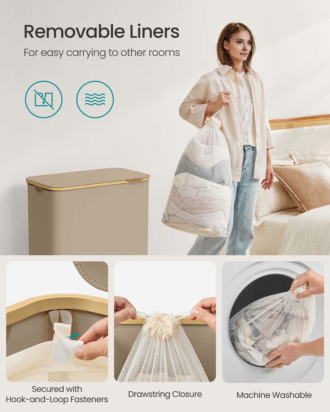 Laundry Basket – Oxford Fabric – Camel Brown – 52.8 Gallons, Collapsible with Lid and Removable Mesh Liner